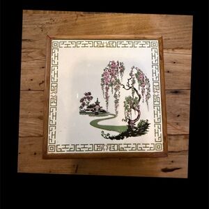 Vintage Shafford Japan Large Footed Ceramic and Bamboo Trivet Asian Garden Tile